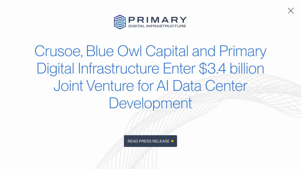 Crusoe, Blue Owl Capital and Primary Digital Infrastructure Enter $3.4 billion Joint Venture for AI Data Center Development